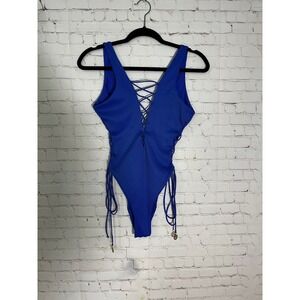 Luli Fama Royal Blue Ribbed Lace Up Front Side One Piece Swimsuit XL